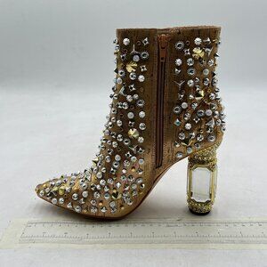 FSJ Gold Rivets Pointed Toe Crystal High Heel Ankle Boots Side Zipper Shoes